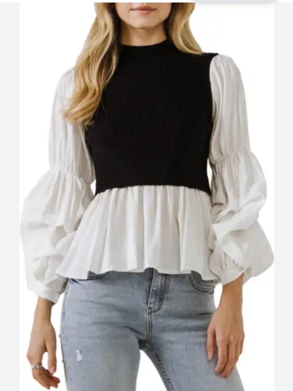 English Factory Black Knit Vest Over White Peplum Blouse  XS